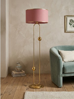 Venüs Nova Sceptrum Gold Metal Lambader | Mavi Gold Şerit Kumaş Başlık Salon Lambası | Ayaklı Aydınlatma