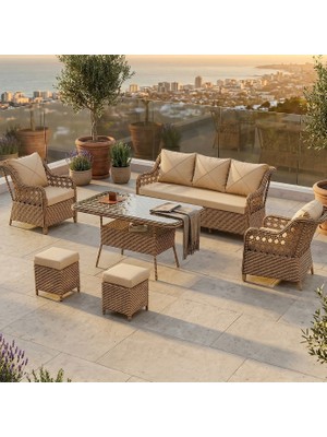 Canisa Anemon Serisi 3+1+1+2 Puf Cappucino Rattan Cappucino Minder Bahçe Balkon Oturma Koltuk Takımı