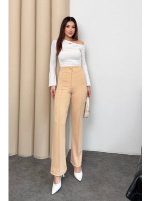 COMEOR Kadın Yüksek Bel Düğmeli Fermuarlı Likralı Bej Düz Rahat Nervürlü Palazzo Pantolon