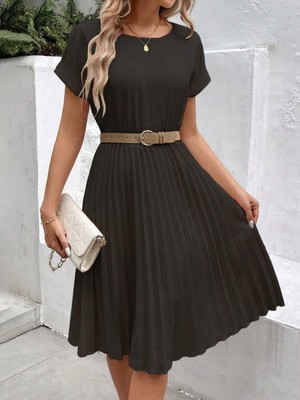 Stelol Kadın Kısa Kollu Yakası Açık Belden Lastikli Pileli Kısa Ithal Krep Elbise