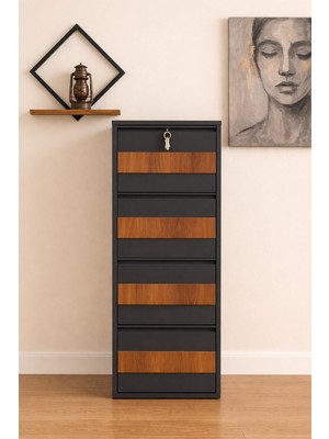 Karlı 4'lü Kilitli Antrasit Ahşap Desenli Metal Ayakkabılık