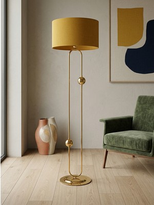 Venüs Nova Sceptrum Gold Metal Lambader | Mavi Gold Şerit Kumaş Başlık Salon Lambası | Ayaklı Aydınlatma