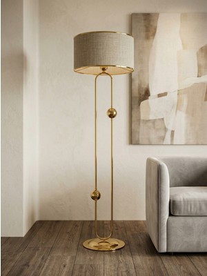 Venüs Nova Sceptrum Gold Metal Lambader | Mavi Gold Şerit Kumaş Başlık Salon Lambası | Ayaklı Aydınlatma