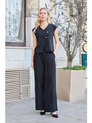 Jument Kadın Keten Görünümlü Likrasız Yüksek Bel Beli Lastikli Yan Cepli Bol Paça Palazzo Pantolon-Siyah