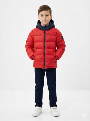 Gamp Erkek Çocuk Kırmızı Kapüşonlu Içi Dolgulu Kışlık Şişme Mont