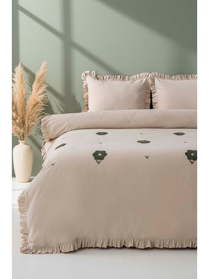 Florita Cappuccino Çift Kişilik Nakışlı %100 Pamuklu Nevresim Takımı – 4 Parça