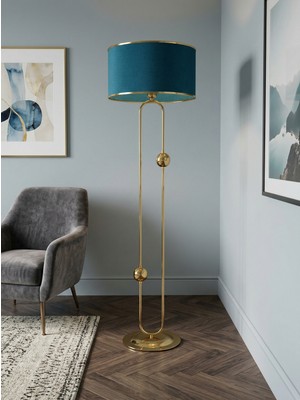 Venüs Nova Sceptrum Gold Metal Lambader | Mavi Gold Şerit Kumaş Başlık Salon Lambası | Ayaklı Aydınlatma
