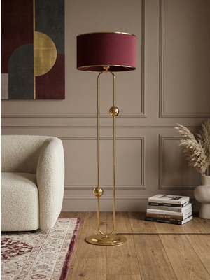 Venüs Nova Sceptrum Gold Metal Lambader | Mavi Gold Şerit Kumaş Başlık Salon Lambası | Ayaklı Aydınlatma
