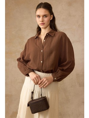 Olcay Düşük Kol Müslin Salaş Gömlek KAHVE 9329
