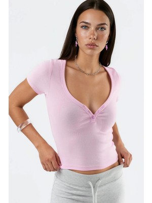 Hiccup Kadınlar Busem Düğmeli Kısa Kollu V Yaka Örme Bluz Toz Pembe