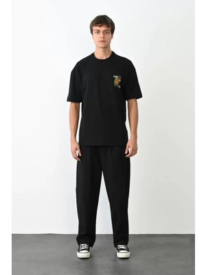 Hiccup Erkekler Janes Oversize Yuvarlak Yaka Baskılı Tişört, Arka Baskılı Siyah