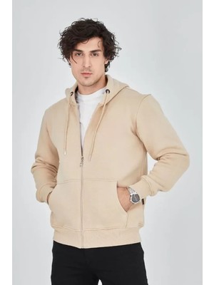 Hiccup Erkekler Janes Kapüşonlu Fermuarlı Cepli Sweatshirt Bej Doğal