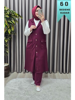 Elmas Tesettür Kadın Giyim Büyük Beden Kapşonlu Yelekli Rivetli Spor Modal Üçlü Takım