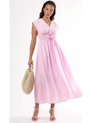 Hiccup Kadınlar Busem V Yaka Bağlama Detaylı Midi Elbise Toz Pembe