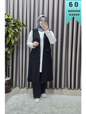 Elmas Tesettür Kadın Giyim Büyük Beden Kapşonlu Yelekli Rivetli Spor Modal Üçlü Takım