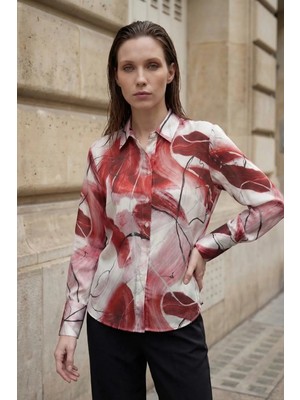 Hiccup Kadınlar My Fashıon Soyut Desenli Düğmeli Gömlek Bordo Kırmızı