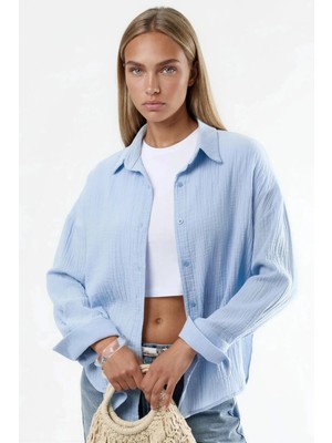 Hiccup Kadınlar Busem Düğmeli Dokuma Pamuklu Gömlek Bebek Mavisi