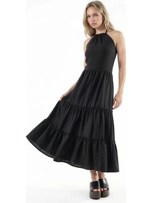Hiccup Kadınlar Busem Fırfırlı Halter Yaka Maxi Elbise Siyah