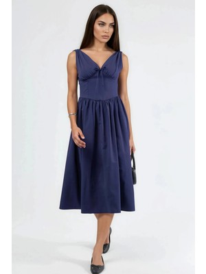 Hiccup Kadınlar Busem V Yaka Fiyonk Detaylı Midi Elbise Lacivert
