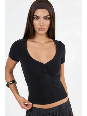 Hiccup Kadınlar Busem Düğmeli Kısa Kollu V Yaka Örme Bluz Siyah