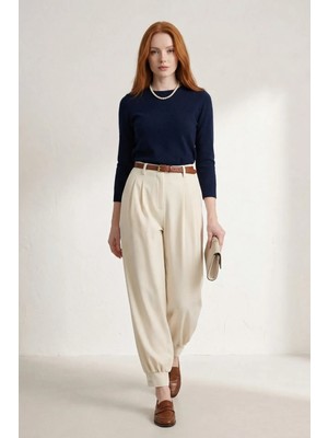 Hiccup Kadınlar My Fashıon Kemerli Düğmeli Paça Pantolon Taş Doğal