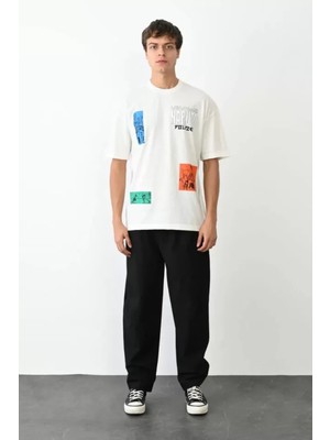 Hiccup Erkekler Janes Oversize Baskılı Yuvarlak Yaka Tişört, Yama Detaylı Beyaz