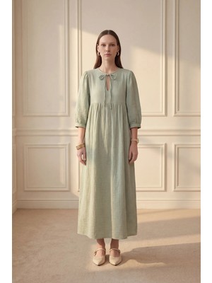 Hiccup Kadınlar MY FASHION Düz Renk V Yaka Bol Kesim Maxi Elbise Nane Yeşili
