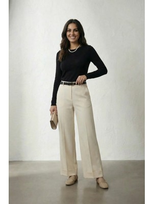 Hiccup Kadınlar My Fashıon Kemerli Paça Kıvırmalı Pileli Pantolon Taş Doğal