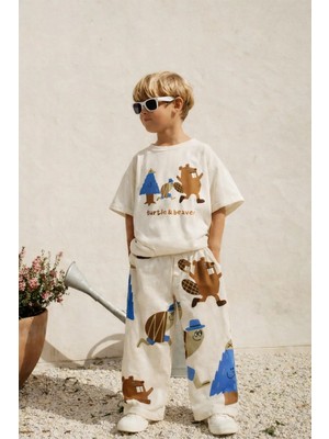 Monila Erkek Çocuk Pamuklu Taş Hayvan Baskılı T-Shirt ve Eşofman Alt Üst Takım