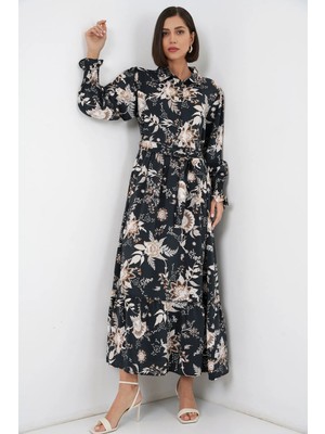 Hiccup Kadınlar BDART Kemerli Midi Gömlek Elbise, Paisley Desenli Siyah