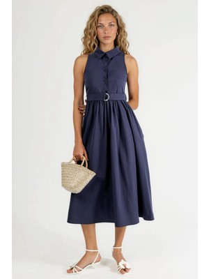 Hiccup Kadınlar Busem Kemerli Gömlek Yaka Midi Elbise Lacivert