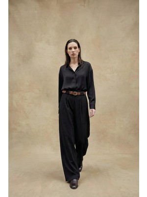 Hiccup Kadınlar MY FASHION Yüksek Bel Pileli Geniş Paçalı Pantolon Siyah