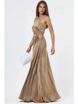 Hiccup Kadınlar Desenli Tek Omuz Pencere Detaylı Saten Elbise Deve Kahvesi