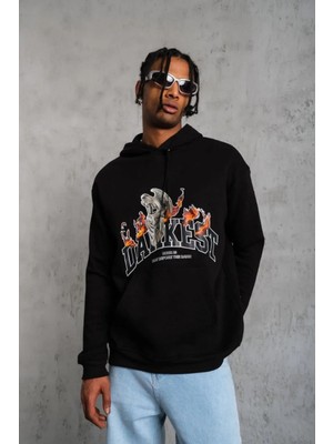 Hiccup Erkekler Janes Oversize Kapüşonlu Sweatshirt, Yazı Baskılı Siyah