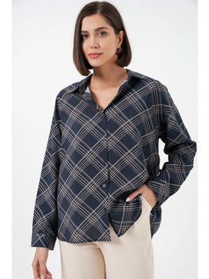 Hiccup Kadınlar Bdart Oversize Ekose Desenli Gömlek Lacivert