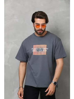 Hiccup Erkekler Janes Oversize Yuvarlak Yaka Tişört, Yazı Baskılı Koyu Gri