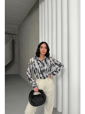 Hiccup Kadınlar MY FASHION Soyut Baskılı Uzun Kollu Düğmeli Gömlek Siyah