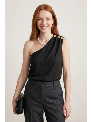 Hiccup Kadınlar My Fashıon Asimetrik Yaka Şifon Üst Siyah