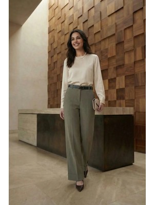 Hiccup Kadınlar MY FASHION Yüksek Bel Geniş Paçalı Kemerli Pantolon Haki Yeşil