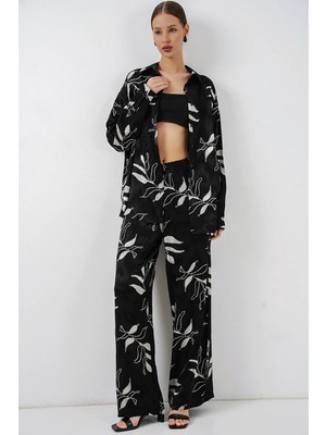Hiccup Kadınlar Bdart Çiçek Desenli Gömlek & Yüksek Bel Geniş Paça Pantolon Ikili Takım Siyah