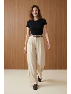 Hiccup Kadınlar My Fashıon Kemerli Yüksek Bel Pileli Geniş Paça Pantolon Taş Doğal