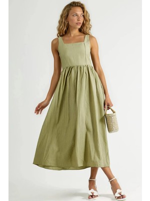 Hiccup Kadınlar Busem Kare Yaka Dokulu Midi Elbise Zeytin Yeşili