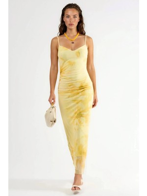 Hiccup Kadınlar Busem Çiçek Desenli Bodycon Midi Elbise Drapeli Limon Sarısı