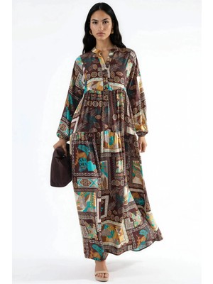 Hiccup Kadınlar V Yaka Desenli Maksi Elbise Kahverengi