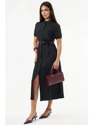 Hiccup Kadınlar Busem Kemerli Midi Gömlek Elbise Siyah