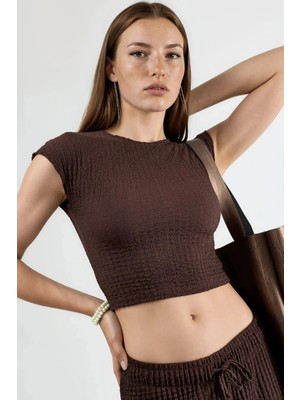 Hiccup Kadınlar Busem Fitted Dokulu Crop Top Kahve Kahvesi