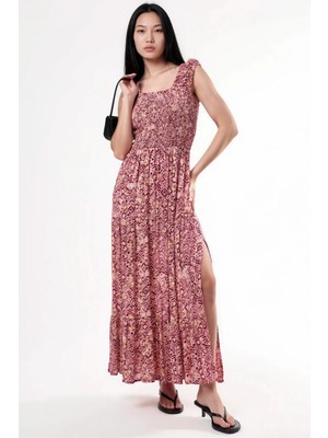 Hiccup Kadınlar Busem Kare Yaka Desenli Maxi Elbise Bordo Kırmızı