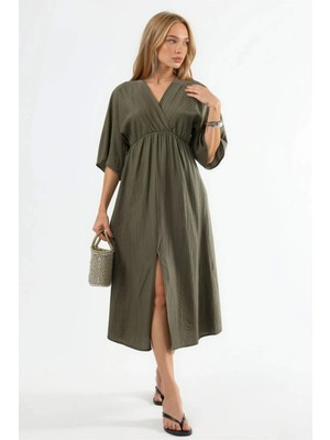 Hiccup Kadınlar Busem V-Yaka Yarım Kol Midi Elbise Haki Yeşil