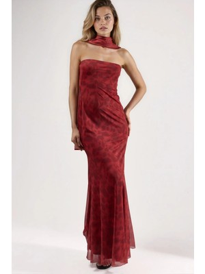 Hiccup Kadınlar Straplez Çiçek Desenli Tül Kuşaklı Bodycon Maxi Elbise Kırmızı