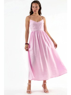 Hiccup Kadınlar Busem A-Line Aksesuar Detaylı Midi Elbise Toz Pembe